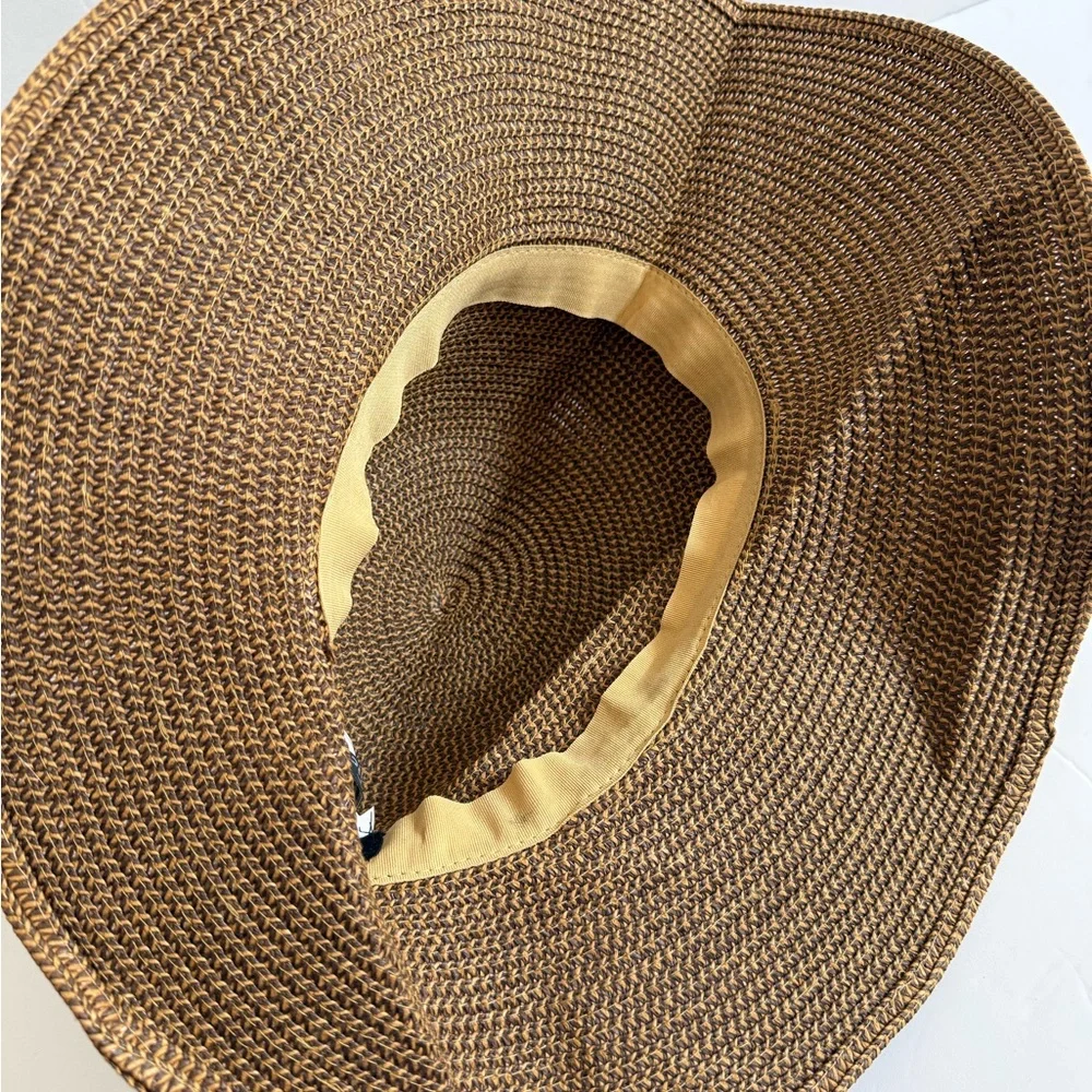 Simplicity Tan White Brim Straw Sun Hat with Brown Ribbon Tie